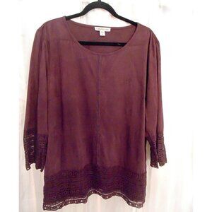 Coldwater Creek Faux Suede Blouse Womens L Large Purple Lace Wrist Tunic Shirt